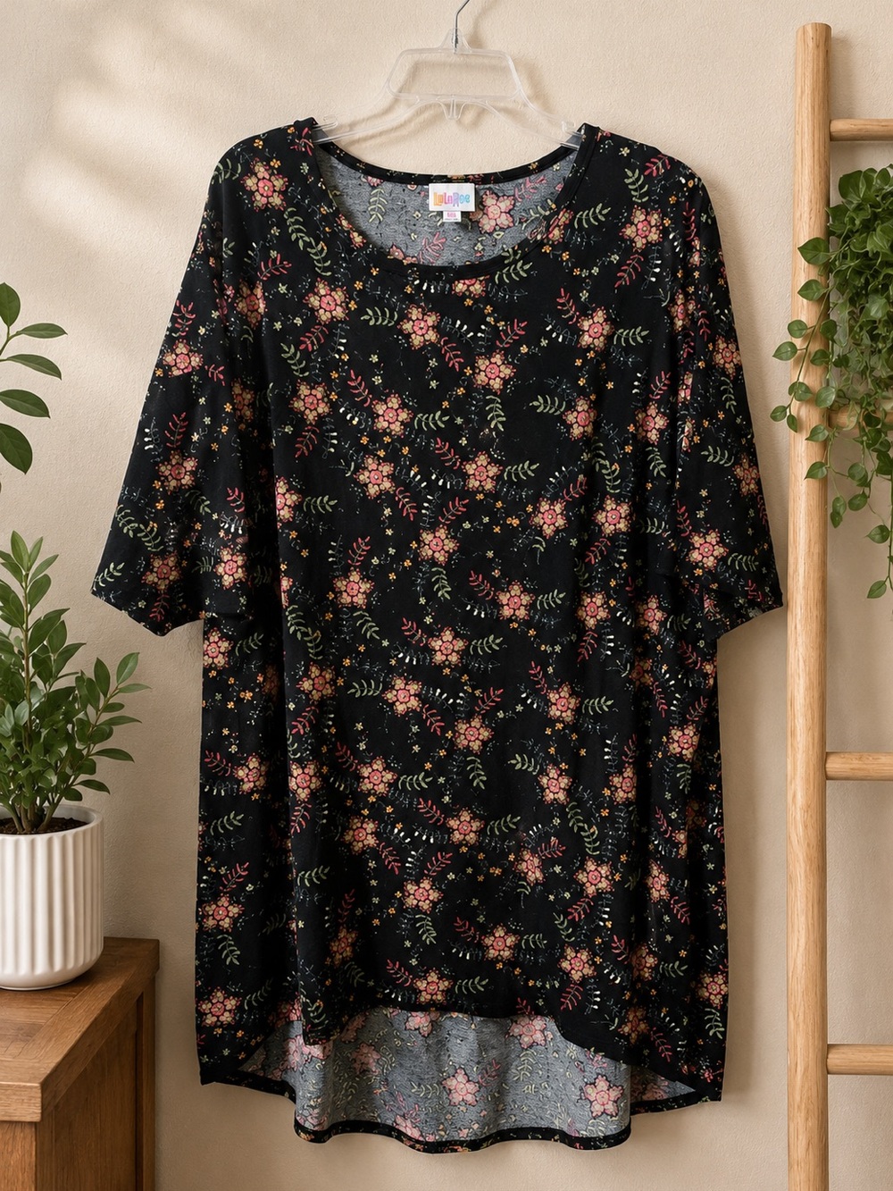 LuLaRoe Black Floral Swing Dress or can be a shirt with Pink and Green Accents